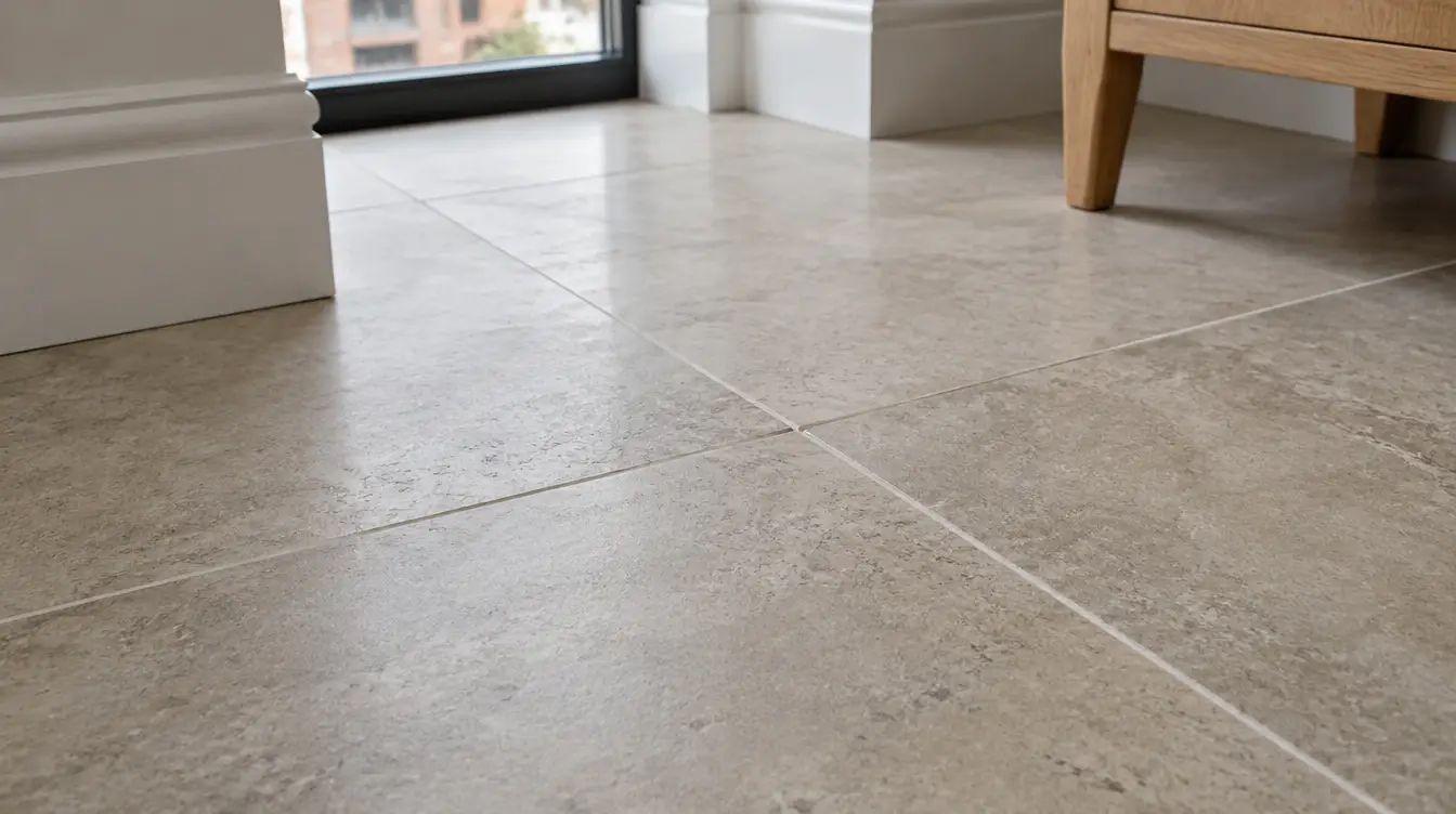 AI-generated Walthamstow home inspiration: close-up of stone-effect floor tiles and grout lines beside a doorway.