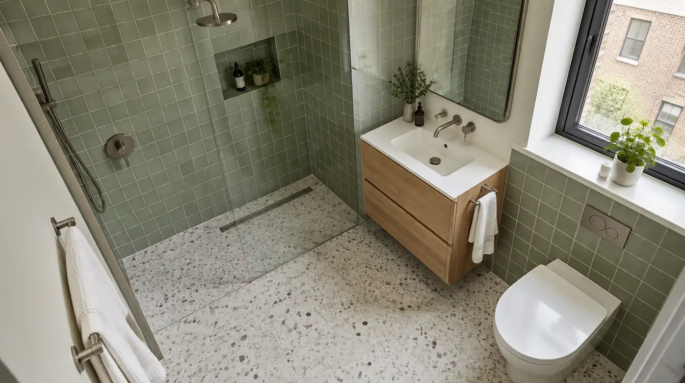 AI-generated East London bathroom inspiration viewed from above, with green square wall tiles and terrazzo-style flooring.