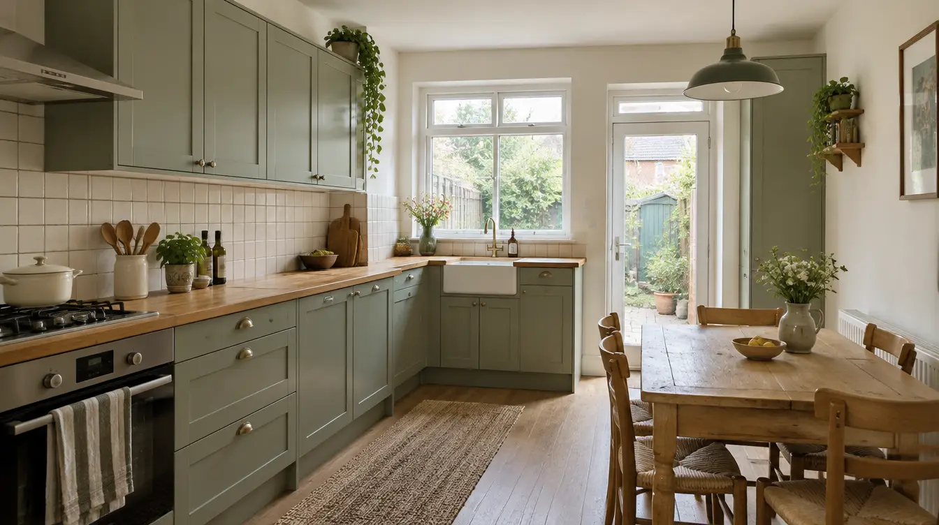 AI-generated Walthamstow kitchen inspiration with sage cabinets, cream tiled splashback and oak worktops.